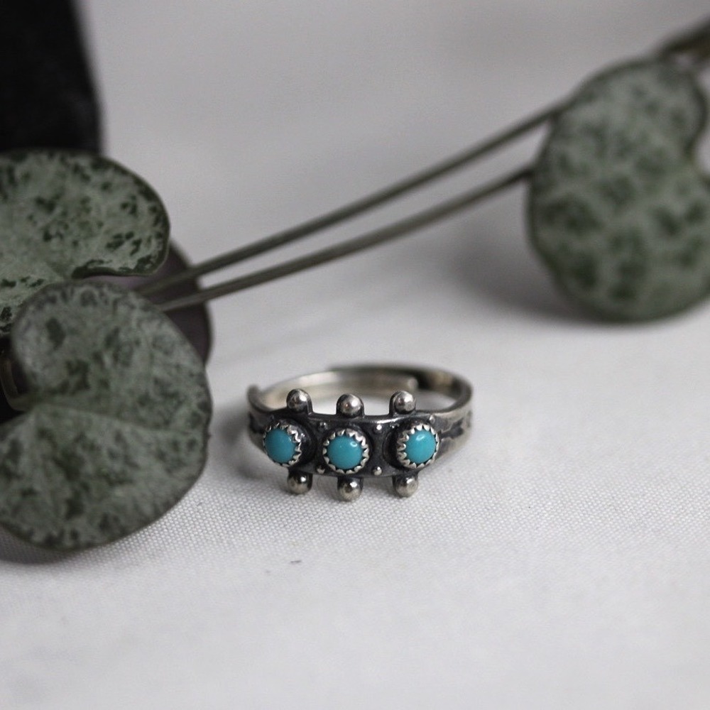 Native American ZUNI Sterling Silver Turquoise Adjustable Bypass Ring Size 4-6